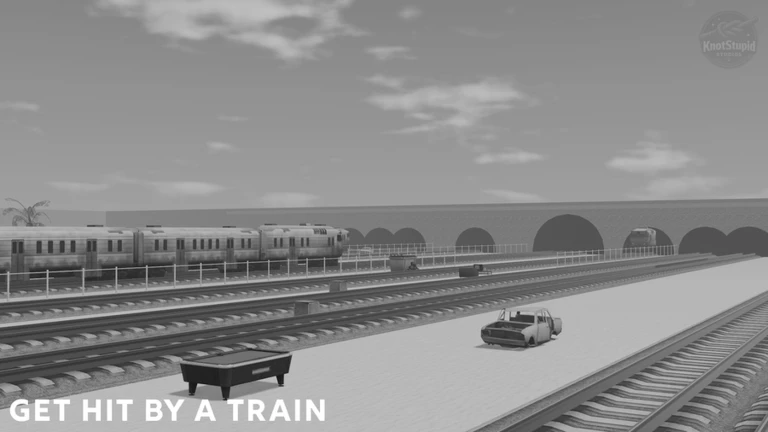 Get hit by a train simulator station with trains, tracks and a wrecked car